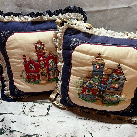 Vintage Victorian House Embroidered Throw Pillows with Lace Trim (Set of 2) - Picture 5 of 9